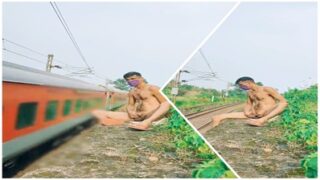 Railway track ke paas ek smooth hairy Muslim ladka hilate hue.